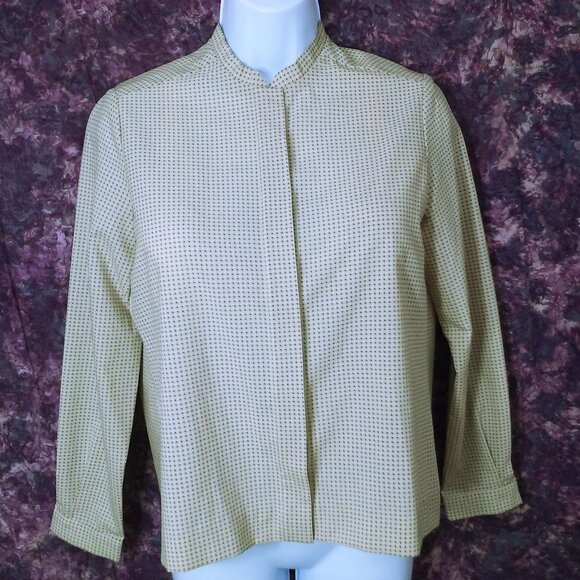 Vintage Quality Handmade Silk Blouse Lady(M-10) Hidden ButtonsUp Snaps Dots Tan - Picture 1 of 11